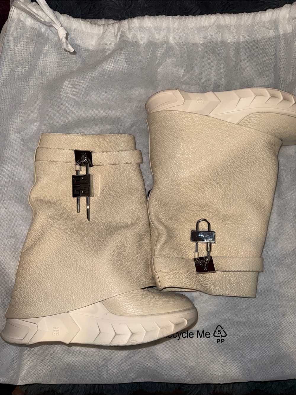 Givenchy Cream Pebbled Leather Mid-Calf Boots with Padlock Accent Shark boot